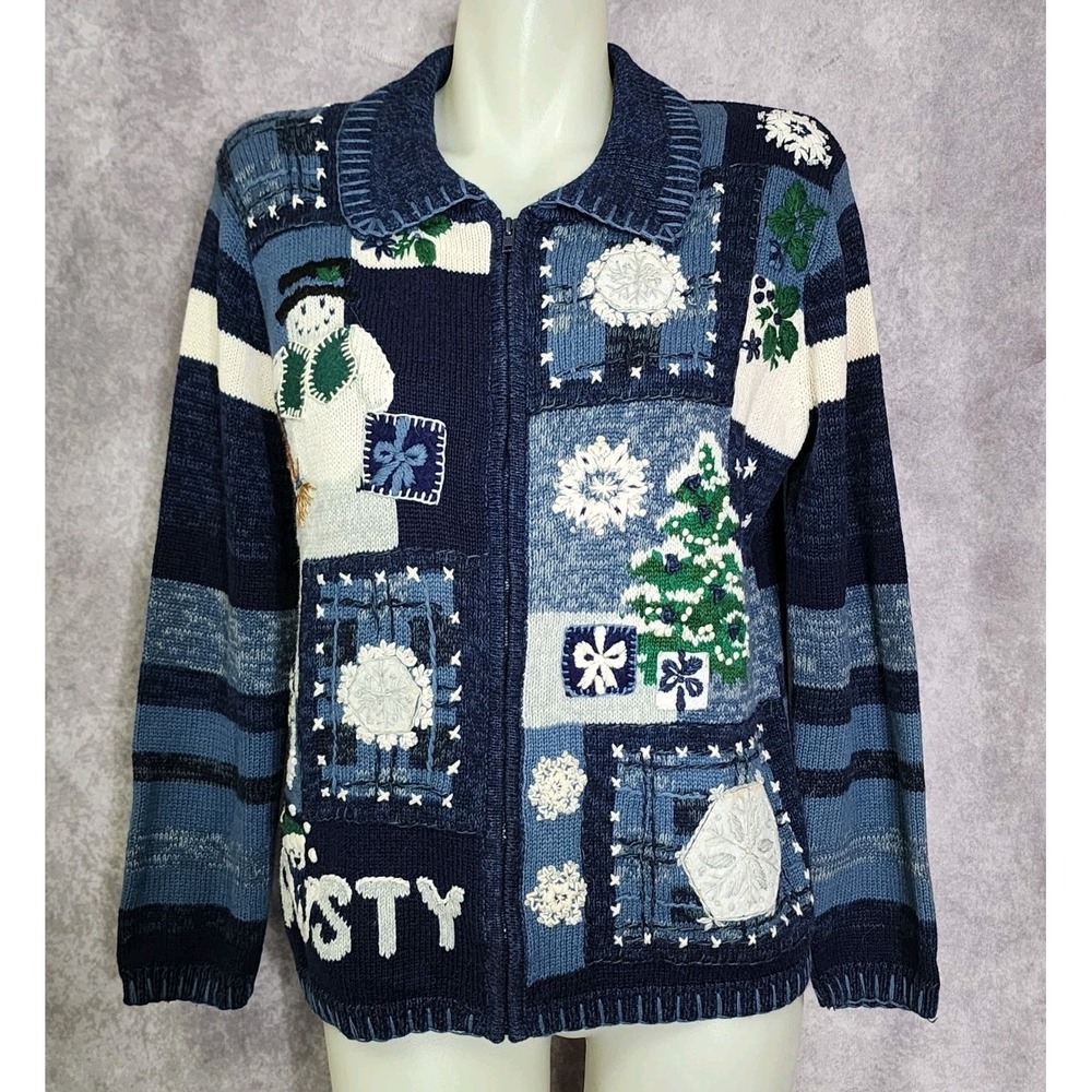 Tiara Christmas Blue‎ Snowman Sweater Cardigan Women Small Zip Front Snowflake